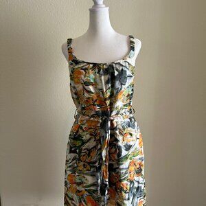 Long Distance Call Linen Sundress Floral Print Strappy SZ40/L Square Neck Belted
